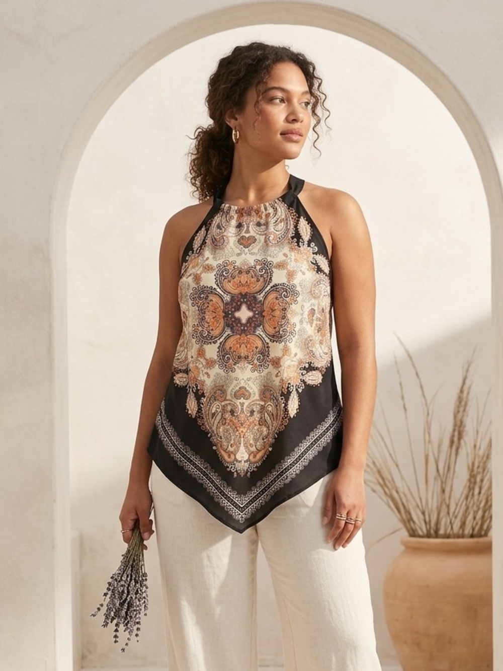 cleo Boho Black Paisley Halter Camisole with Cream & Orange Medallion Print